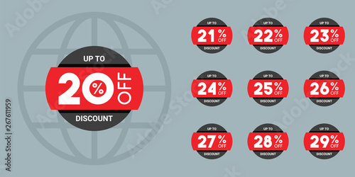 Set of discount labels. Vector discount tags collection with percent set. 20% off, 21, 22, 23, 24, 25, 26, 27, 28, 29 percent sale label symbols.