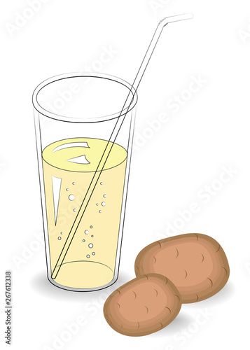 Healthy medicinal drink. In a glass of natural vegetable juice and ripe fruit of potatoes. Vector illustration