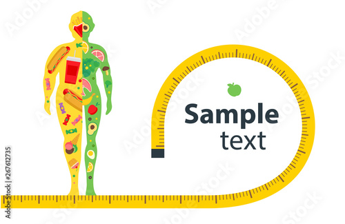 Weight loss. The influence of diet on the weight of the person. Young man before and after diet and fitness. Weight loss concept. Fat and thin man. Blank space for your content, template.