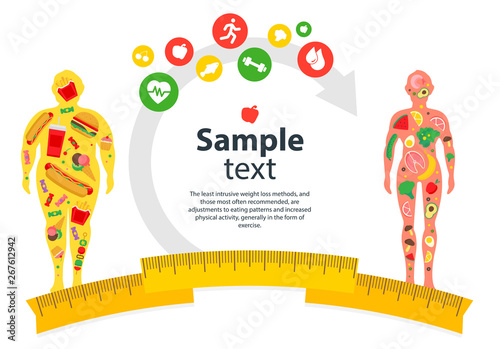 Weight loss problem. Cartoon fast food obesity for concept design. Unhealthy lifestyle. Fat and thin man. Blank space for your content, template.