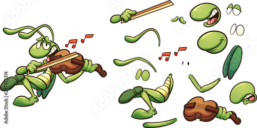 Singing cartoon grasshopper playing a violin clip art. Vector illustration with simple gradients. Some elements on separate layers.