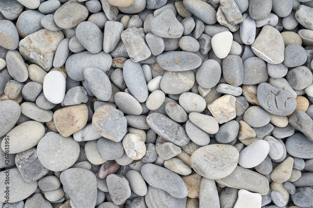Texture of gray oval pebble stones next to the sea. Close-up
