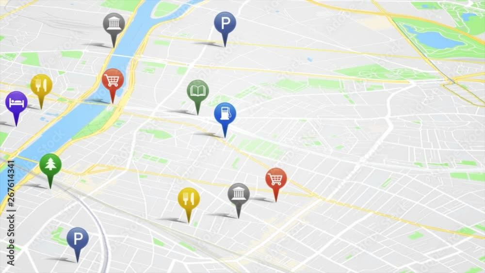 City Map With GPS Pins Animation Loop/ 4k animation of an app screen of traveling city map background with gps pins and icons rising