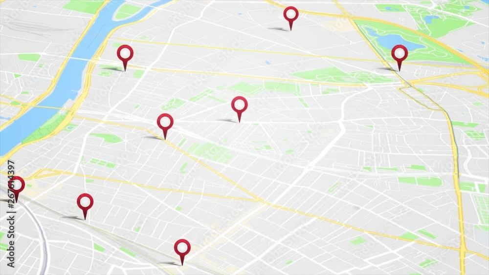 City Map With GPS Pins Animation Loop/ 4k animation of an app screen of traveling city map background with gps pins and icons rising