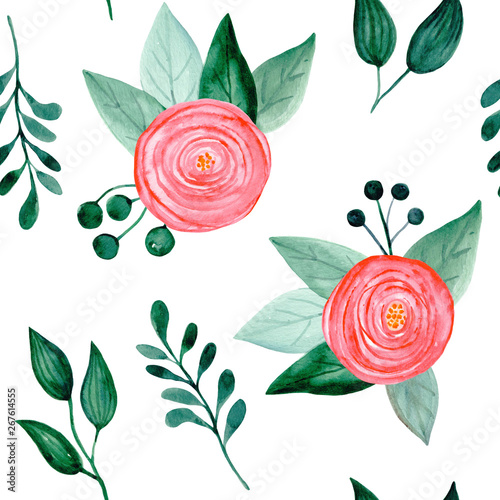 Summer seamless pattern with watercolor pink beautiful flowers and green fresh leaves on a white background. Isolated.
