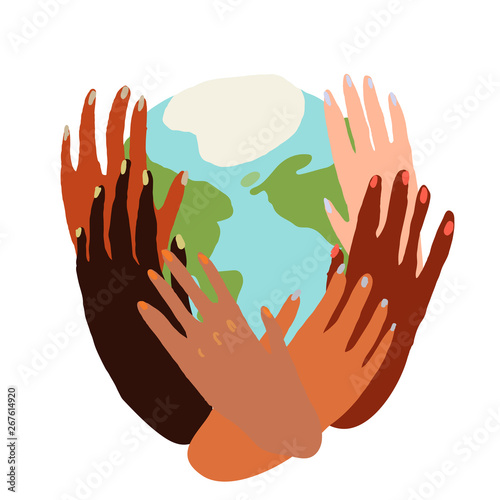 Illustration of a people's hands with different skin color together holding planet earth. Race equality, feminism, tolerance, climate change, ecology, global warming concept art in minimal style.