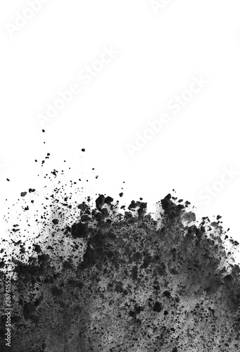Black powder or flour explosion isolated on white background  freeze stop motion object design photo