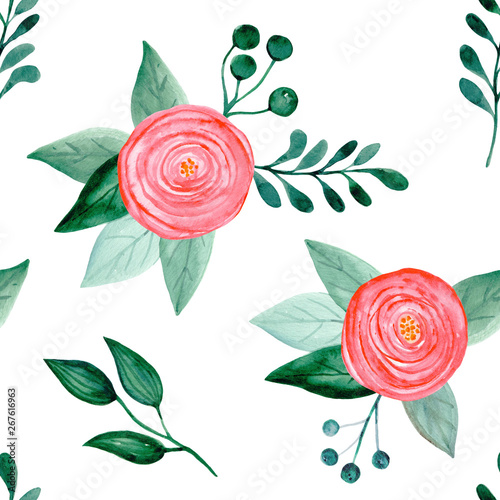 Summer seamless pattern with watercolor pink beautiful flowers and green fresh leaves on a white background. Isolated.