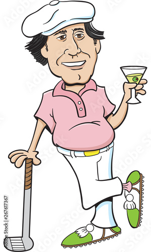 Cartoon illustration of a golfer leaning on a golf club and holding a martini. © bennerdesign