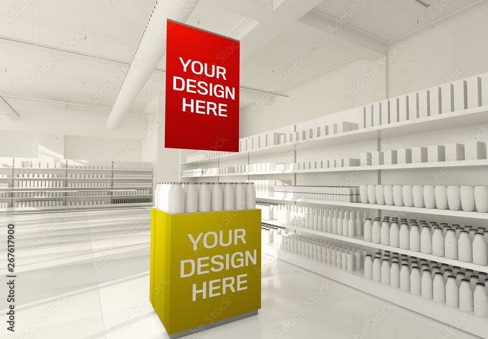 Promotional Sign Zone on Supermarket Mockup Stock 템플릿 Adobe Stock