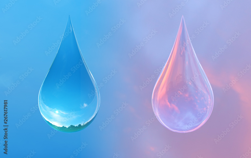 Fresh pure water drops set on light sky color background. Clean transparent minimal liquid water ad design element background. Healthy drink, ecology and water saving concept. 3D render Fresh pure water drops set on light sky color background. Clean transparent minimal liquid water ad design element background. Healthy drink, ecology and water saving concept. 3D render