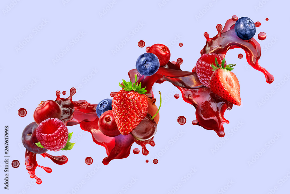 Fresh ripe strawberry, raspberry, blueberry, cranberry, cherry, juice mix splash swirl with