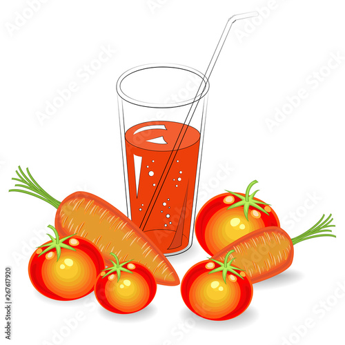 Useful medicinal and tasty drink. In a glass of natural vegetable juice, tomato and ripe fruit carrots. Vector illustration