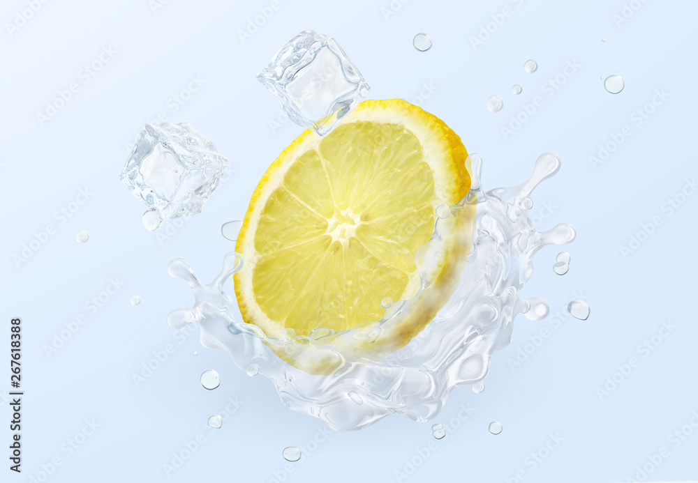Fresh cold pure flavored water with lemon wave splash. Lemon fruit infused water or lemonade wave swirl. Healthy flavored detox drink splash concept with citrus fruit and ice cubes. 3D