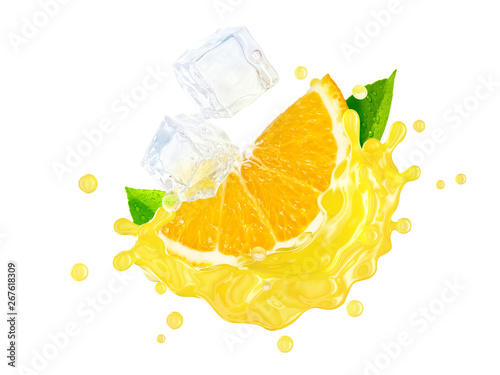 Fresh ripe orange, orange slice and orange juice or smoothie splash. Tasty juice splashing for orange juice ad label or sticker. Healthy food or drink tropical fruit design element. 3D