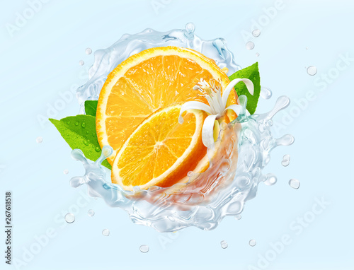 Fresh cold pure flavored water with orange wave splash. Clean orange fruit infused water or liquid fluid wave splash. Healthy flavored detox drink swirl concept with citrus fruits. 3D