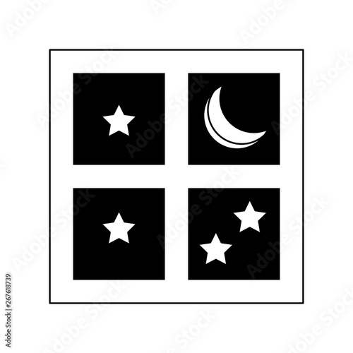 Night moon and stars through window
