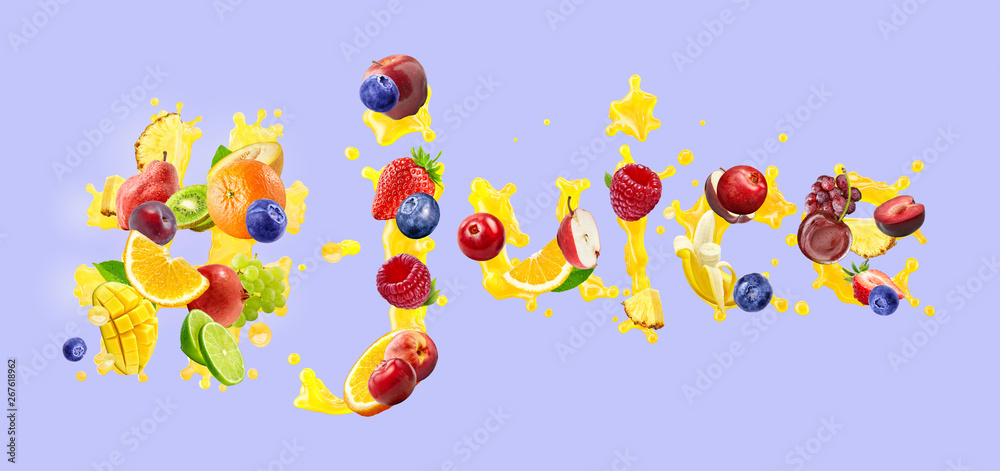 Assorted fruits berries juice splash mix with assortment of fresh berries and fruits in the form of word 