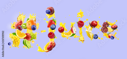 Assorted fruits berries juice splash mix with assortment of fresh berries and fruits in the form of word "Juice" from juice alphabet, isolated. Liquid healthy juice design element. 3D