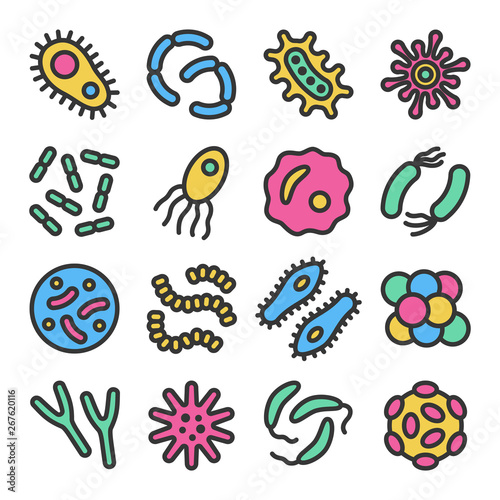 Bacteria, microbe, virus colorful vector icon set with outline. Microscopic bacterium and bacillus collection, isolated on white background