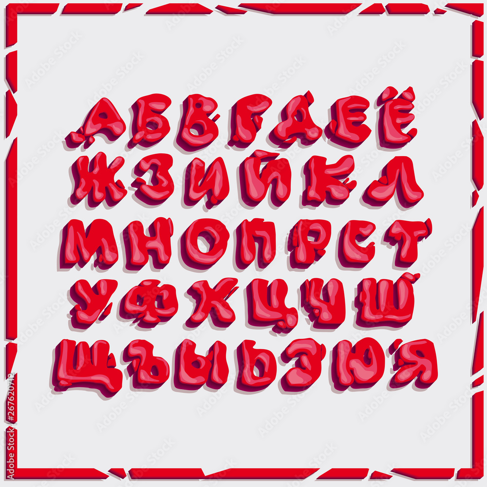 Bright red volumetric letters of irregular shape, the entire Russian alphabet, for decorative emotional inscriptions