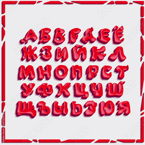 Bright red volumetric letters of irregular shape  the entire Russian alphabet  for decorative emotional inscriptions