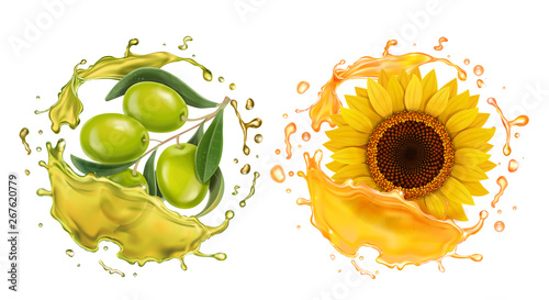 Olive and sunflower in oil realistic splashes