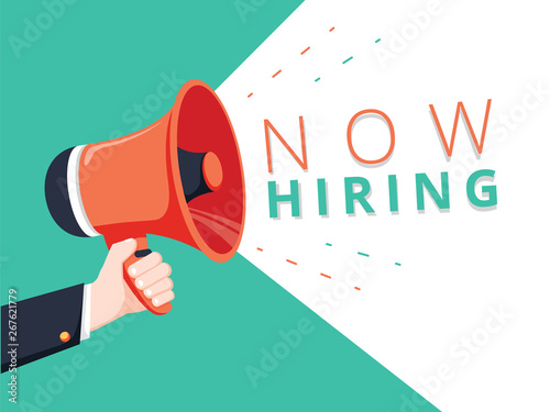 Male hand holding megaphone with how hiring speech bubble. Loudspeaker. Banner for business, marketing and advertising.