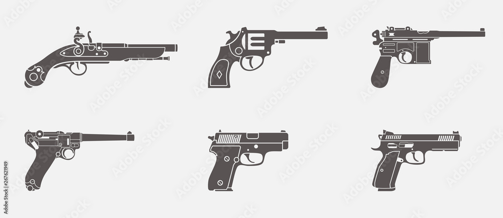 One handed pistols silhouette vector icon set