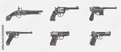 One handed pistols silhouette vector icon set