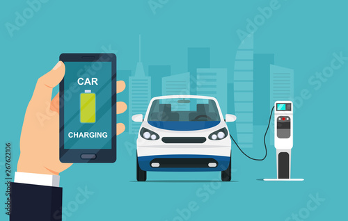 Electric micro car is charging, side view. Hand holding smartphone with battery on the screen. Vector flat style illustration