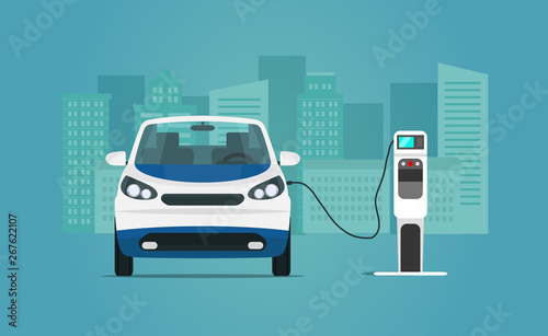 Electric micro car isolated. Electric car is charging, front view. Vector flat style illustration.