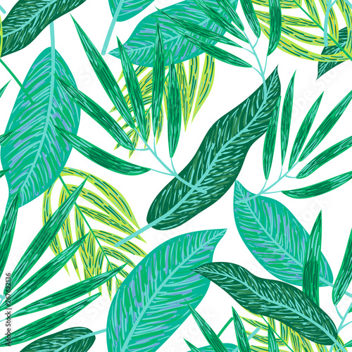Tropical seamless pattern with green leaves on white background. Vector design. Floral background.