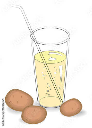 Healthy medicinal drink. In a glass of natural vegetable juice and ripe fruit of potatoes. Vector illustration