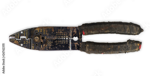 Old Crimping Pliers. Tool to cut and strip electrical wires for working purposes. on white background , Clipping Path , top view