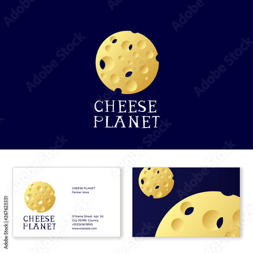 Cheese planet logo. Emblem for cheese shop. Circle cheese with holes like space object. Yellow Moon with craters. Business card.