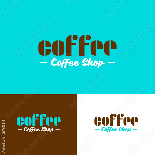 Coffee shop logo.  Letters like coffee beans. Coffee emblem.  Lettering on different backgrounds. Logo for coffee goods of cafe.
