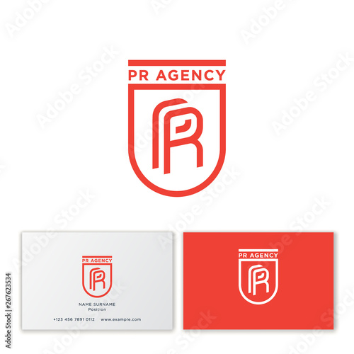 PR agency logo. P and R monogram consist of thin lines in a shield . Web, user interface icon. Business card. 