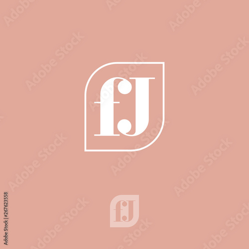 Gold f and j monogram. F, J letters combined, on a thin frame like a leaf. Logo for beauty care, jewelry, lingerie or cosmetics.