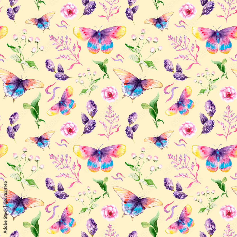 watercolor drawings of butterflies and flowers - seamless pattern