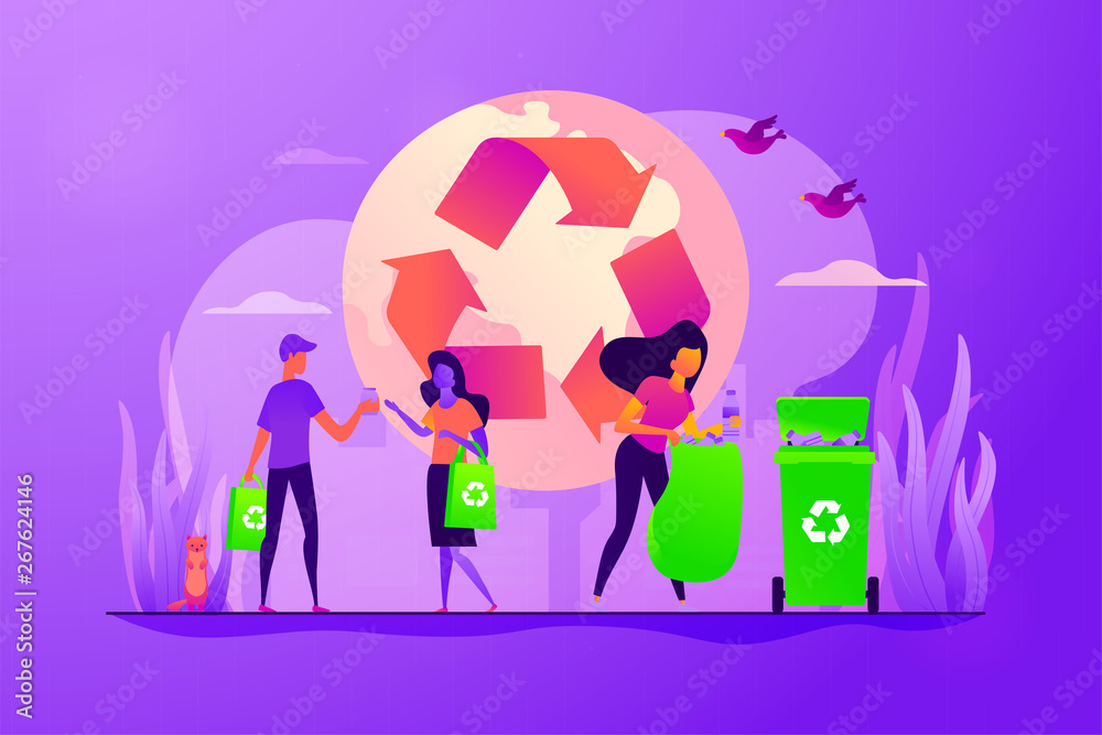 Zero waste, waste free technology, environmental pollution concept. Vector isolated concept illustration with tiny people and floral elements. Hero image for website.