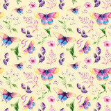 watercolor drawings of butterflies and flowers - seamless pattern