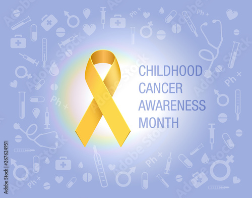 Golden childhood awareness ribbon symbol over periwinkle background with rainbow halo and a set of medical icons around. Concept background for web or print. (ID: 267624951)