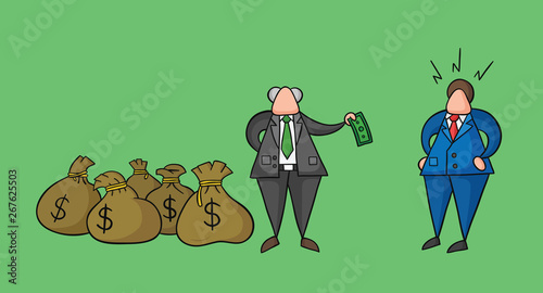 Hand-drawn vector boss has a lot of money with sacks and pays one money to his businessman worker