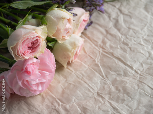 Wedding bouquet of delicate flowers. Wedding decoration with flowers. Copy space.