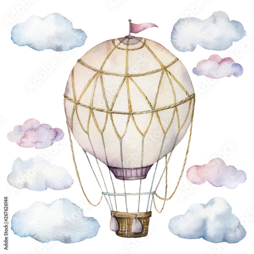 Konstfotografi Watercolor set with clouds and hot air balloon
