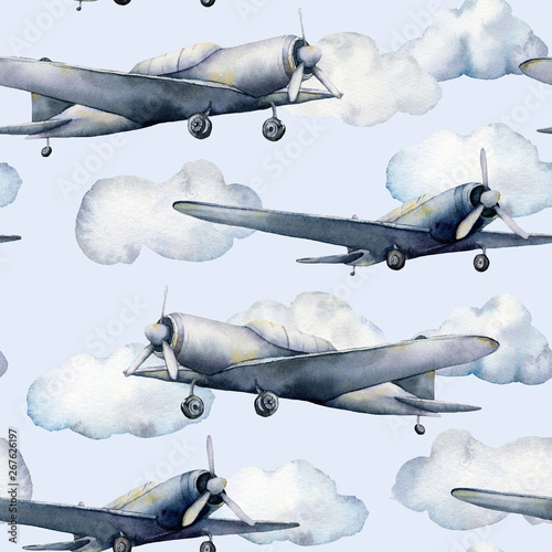 Fototapeta Akwarela bezszwowe wzór z samolotu i chmury. Ręcznie malowane niebo ilustracja samolotem śmigła na białym tle na pastelowym niebieskim tle. Do projektowania, nadruków, tkanin lub tła.