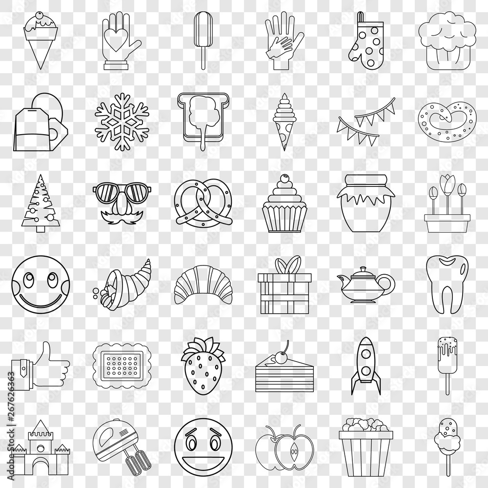 Dessert icons set. Outline style of 36 dessert vector icons for web for any design