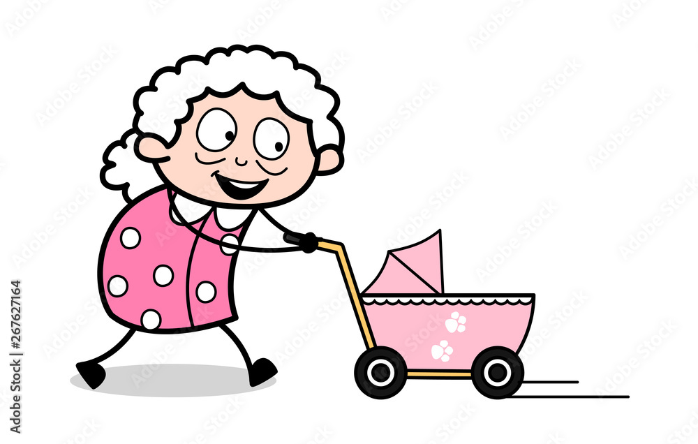 Running with Baby Trolley - Old Woman Cartoon Granny Vector Illustration Running with Baby Trolley - Old Woman Cartoon Granny Vector Illustration