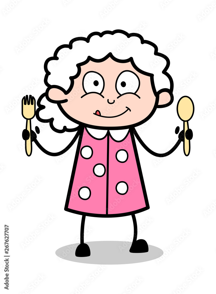 Showing Two Spoons - Old Woman Cartoon Granny Vector Illustration Showing Two Spoons - Old Woman Cartoon Granny Vector Illustration
